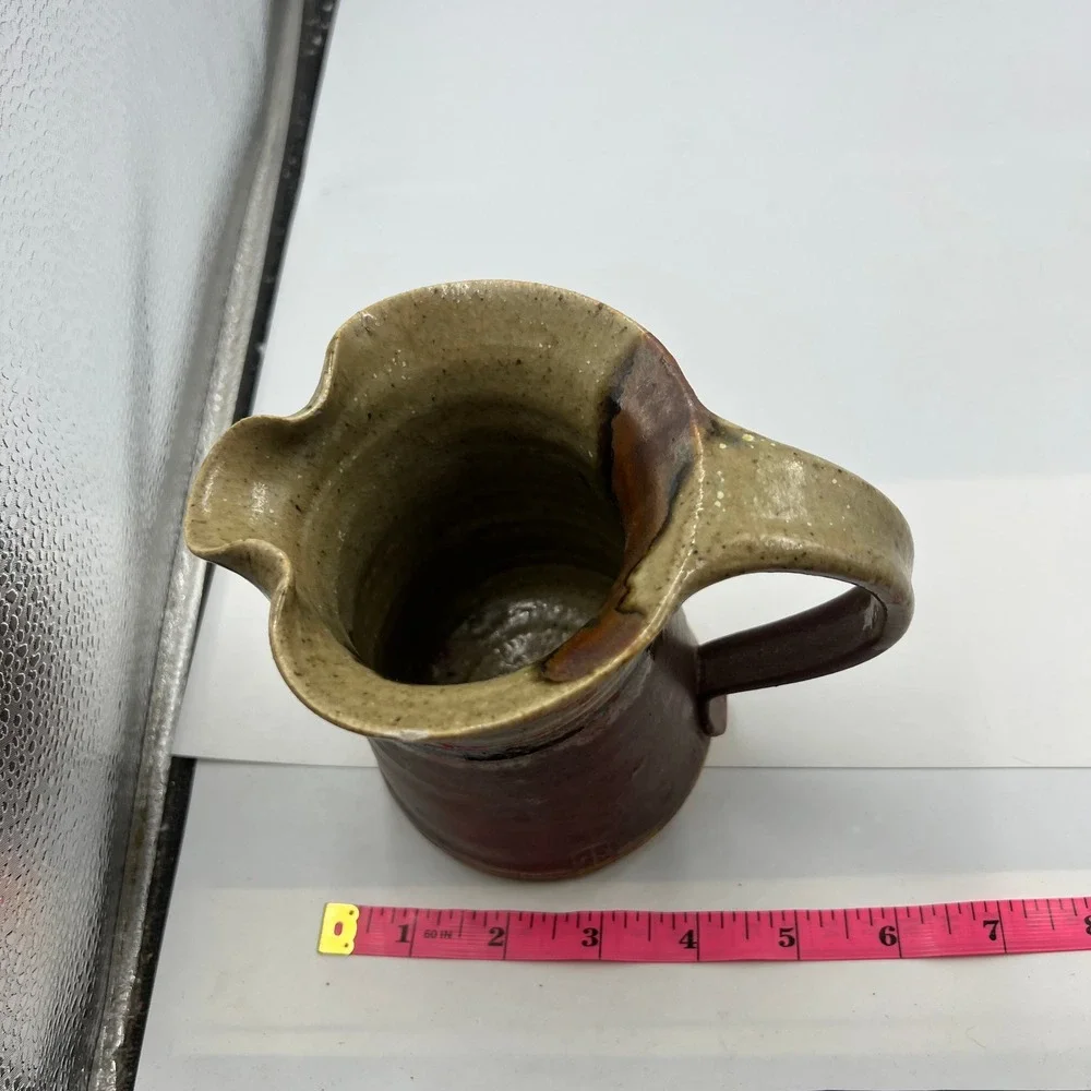 Vtg Handmade Stoneware Pitcher Brown Tan Drip Glaze Signed Studio Pottery
